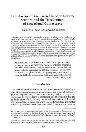 Introduction to the Special Issue on Nature, Nurture, and the Development of Exceptional Competence