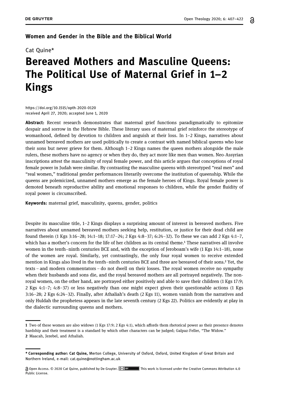 Bereaved Mothers and Masculine Queens: the Political Use of Maternal Grief in 1–2 Kings