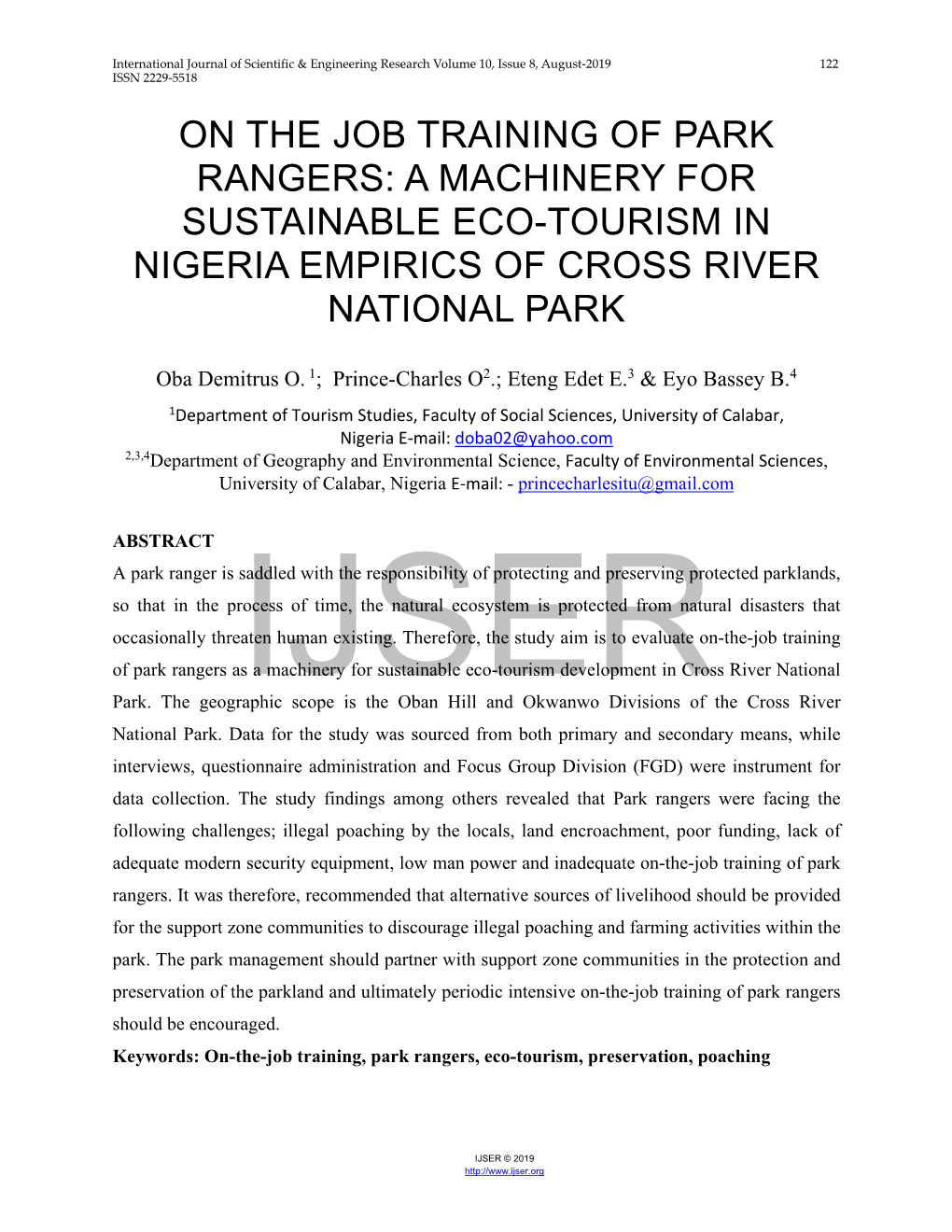 On the Job Training of Park Rangers: a Machinery for Sustainable Eco-Tourism in Nigeria Empirics of Cross River National Park