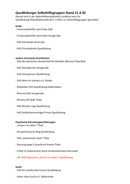 Quedlinburger Selbsthilfegruppen Stand 21.4.20