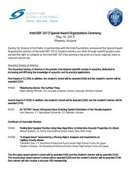 Intel ISEF 2013 Special Award Organizations Ceremony May 16, 2013 Phoenix, Arizona