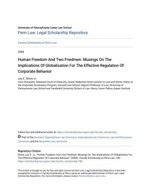 Human Freedom and Two Friedmen: Musings on the Implications of Globalization for the Effective Regulation of Corporate Behavior