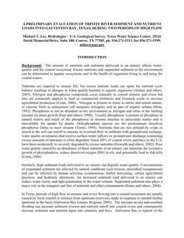 A Preliminary Evaluation of Trinity River Sediment and Nutrient Loads Into Galveston Bay, Texas, During Two Periods of High Flow