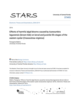 Effects of Harmful Algal Blooms Caused by Aureoumbra Lagunensis (Brown Tide) on Larval and Juvenile Life Stages of the Eastern Oyster (Crassostrea Virginica)