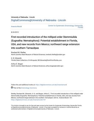 First Recorded Introduction of the Milliped Order Stemmiulida (Eugnatha: Nematophora): Potential Establishment in Florida, USA