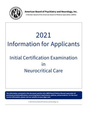 2021 Neurocritical Care CERT Information for Applicants