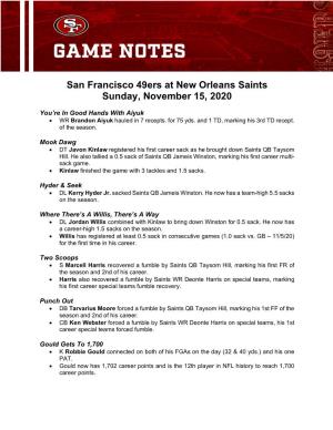 San Francisco 49Ers at New Orleans Saints Sunday, November 15, 2020