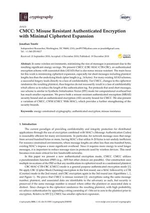 CMCC: Misuse Resistant Authenticated Encryption with Minimal Ciphertext Expansion