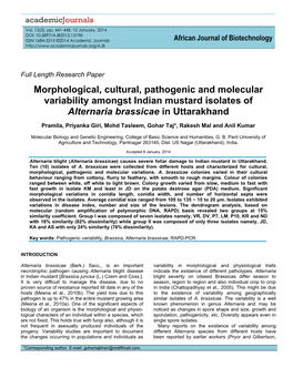 Morphological, Cultural, Pathogenic and Molecular Variability Amongst Indian Mustard Isolates of Alternaria Brassicae in Uttarakhand