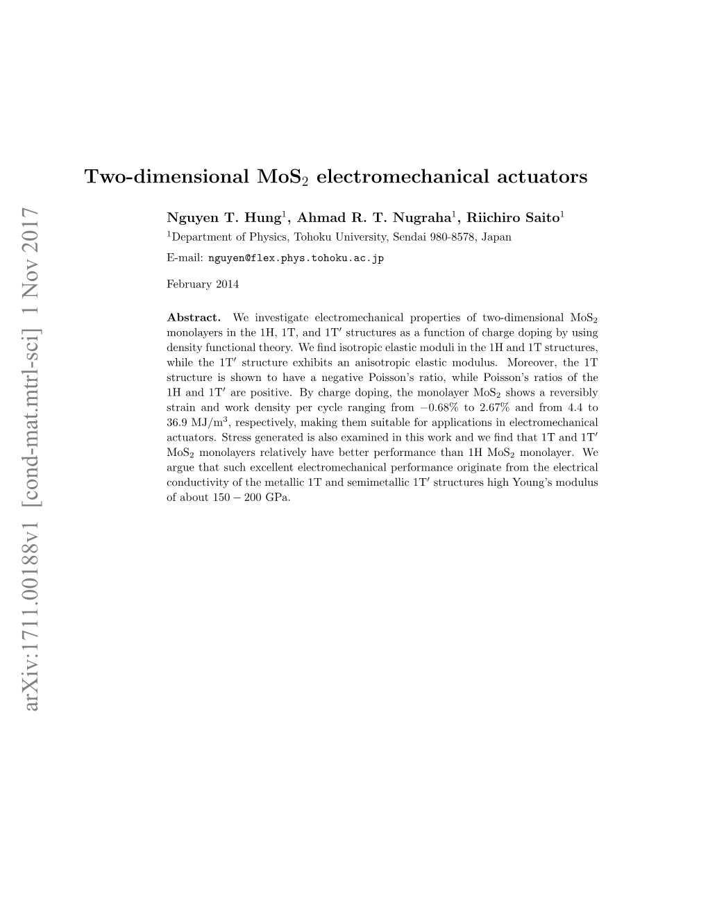 Two-Dimensional Mos2 Electromechanical Actuators