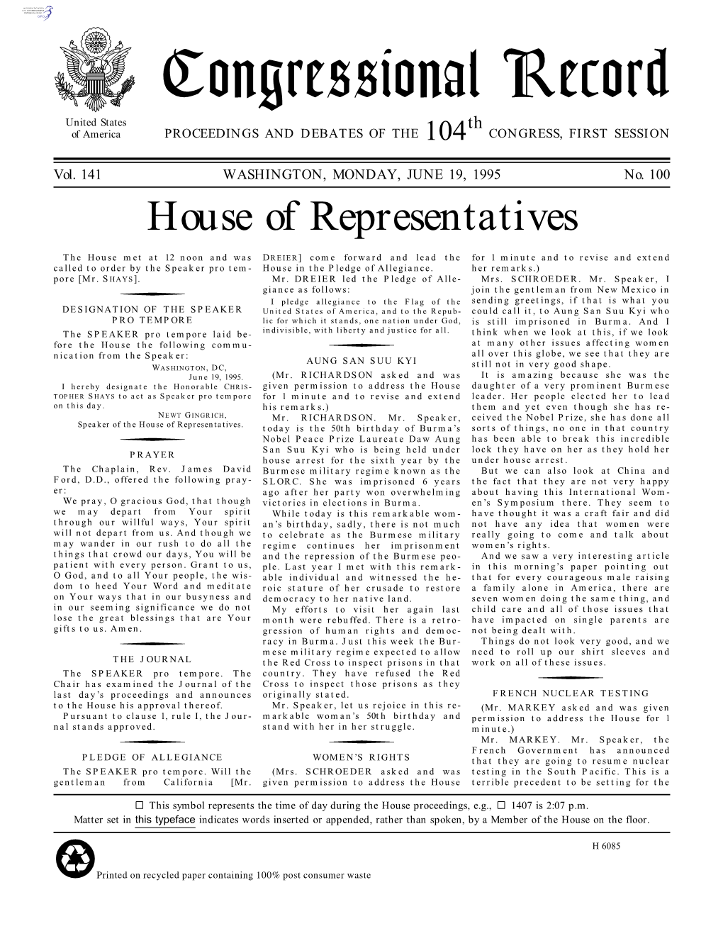 Congressional Record United States Th of America PROCEEDINGS and DEBATES of the 104 CONGRESS, FIRST SESSION