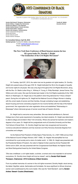The New York State Conference of Black Senators Mourns the Loss of a Great Leader Dr. Dorothy I. Height “The Godmother of the Civil Rights Movement”