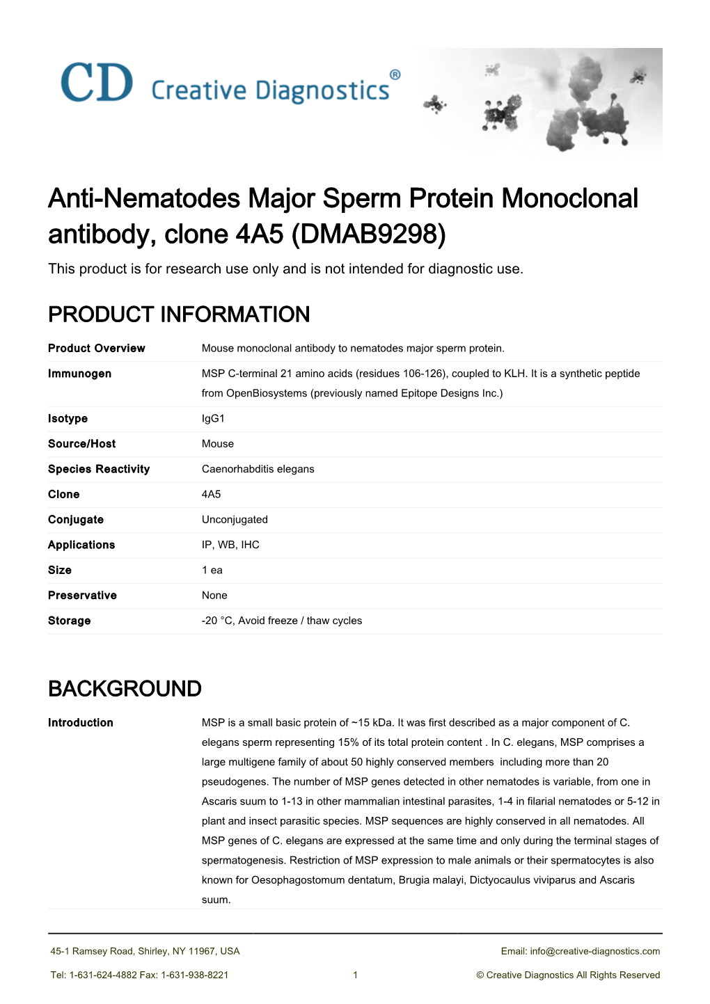 Anti-Nematodes Major Sperm Protein Monoclonal Antibody, Clone 4A5 (DMAB9298) This Product Is for Research Use Only and Is Not Intended for Diagnostic Use