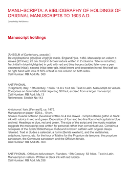 Manu~Scripta: a Bibliography of Holdings of Original Manuscripts to 1603 A.D
