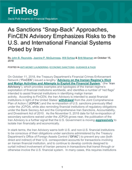 As Sanctions “Snap-Back” Approaches, Fincen Advisory Emphasizes Risks to the U.S
