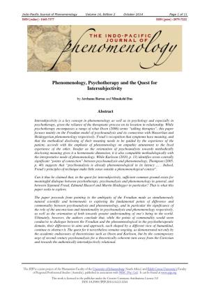 Phenomenology, Psychotherapy and the Quest for Intersubjectivity