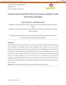 Proximate Analysis and Nutritive Values of Ten Common Vegetables in South