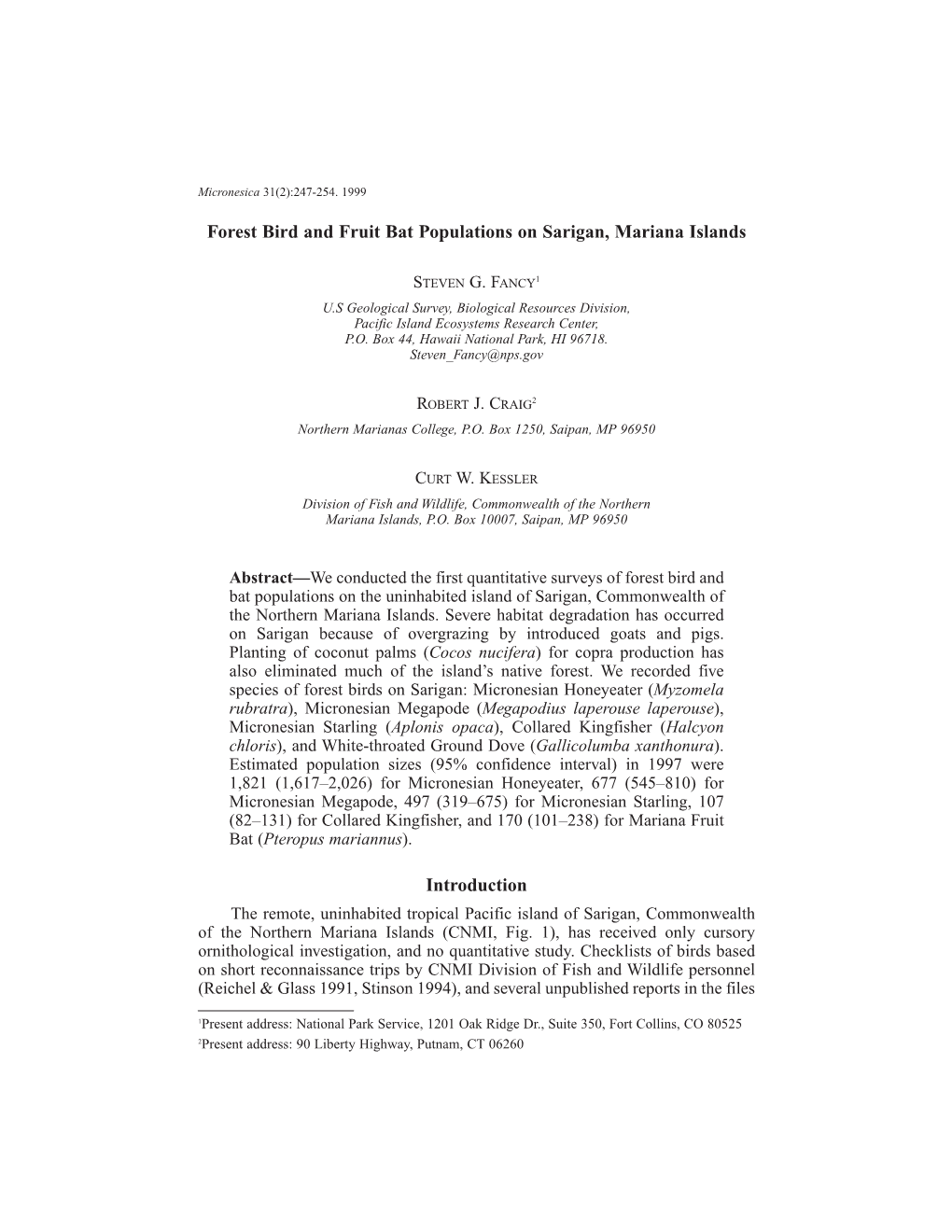 Forest Bird and Fruit Bat Populations on Sarigan, Mariana Islands