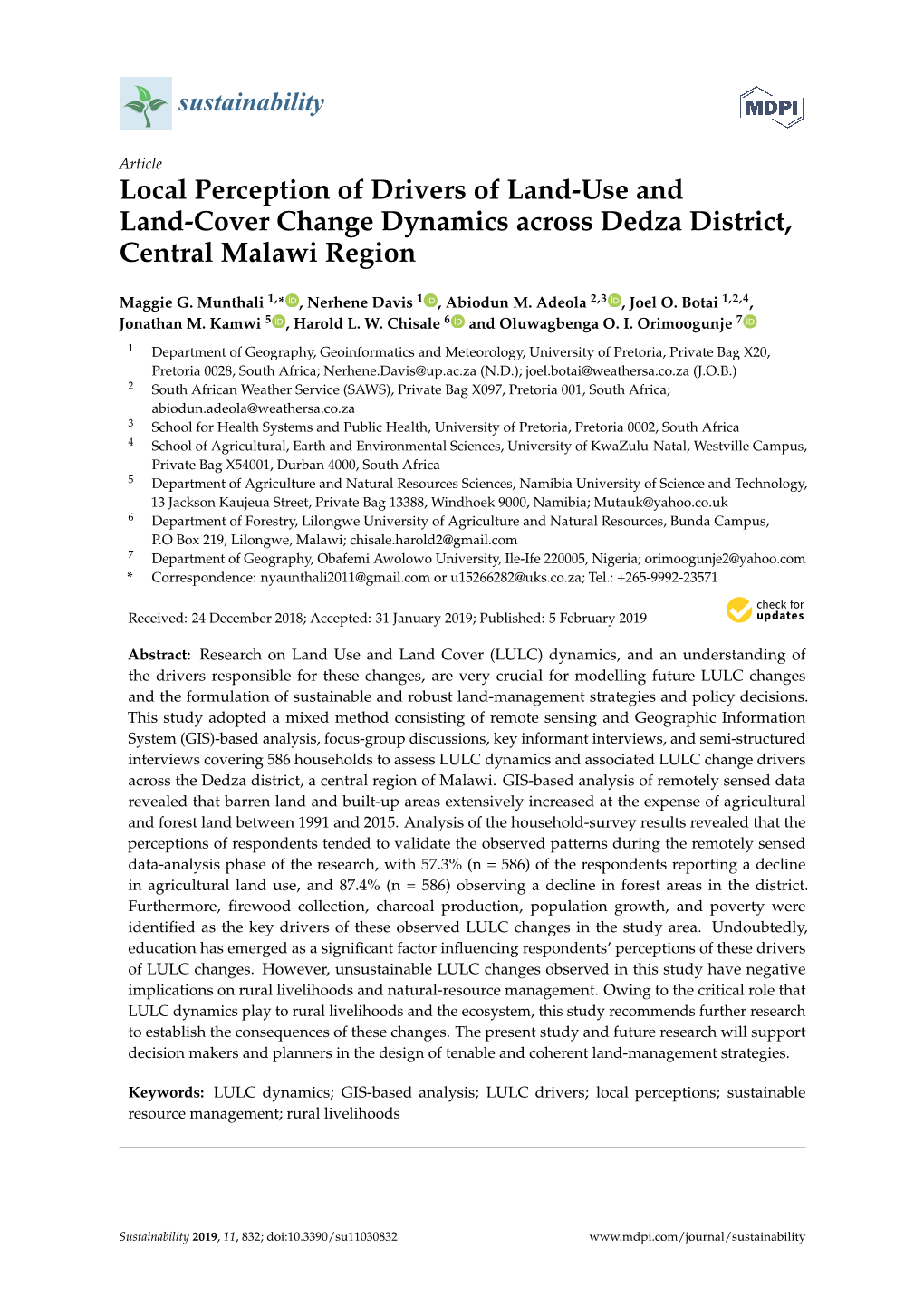 Local Perception of Drivers of Land-Use and Land-Cover Change Dynamics Across Dedza District, Central Malawi Region