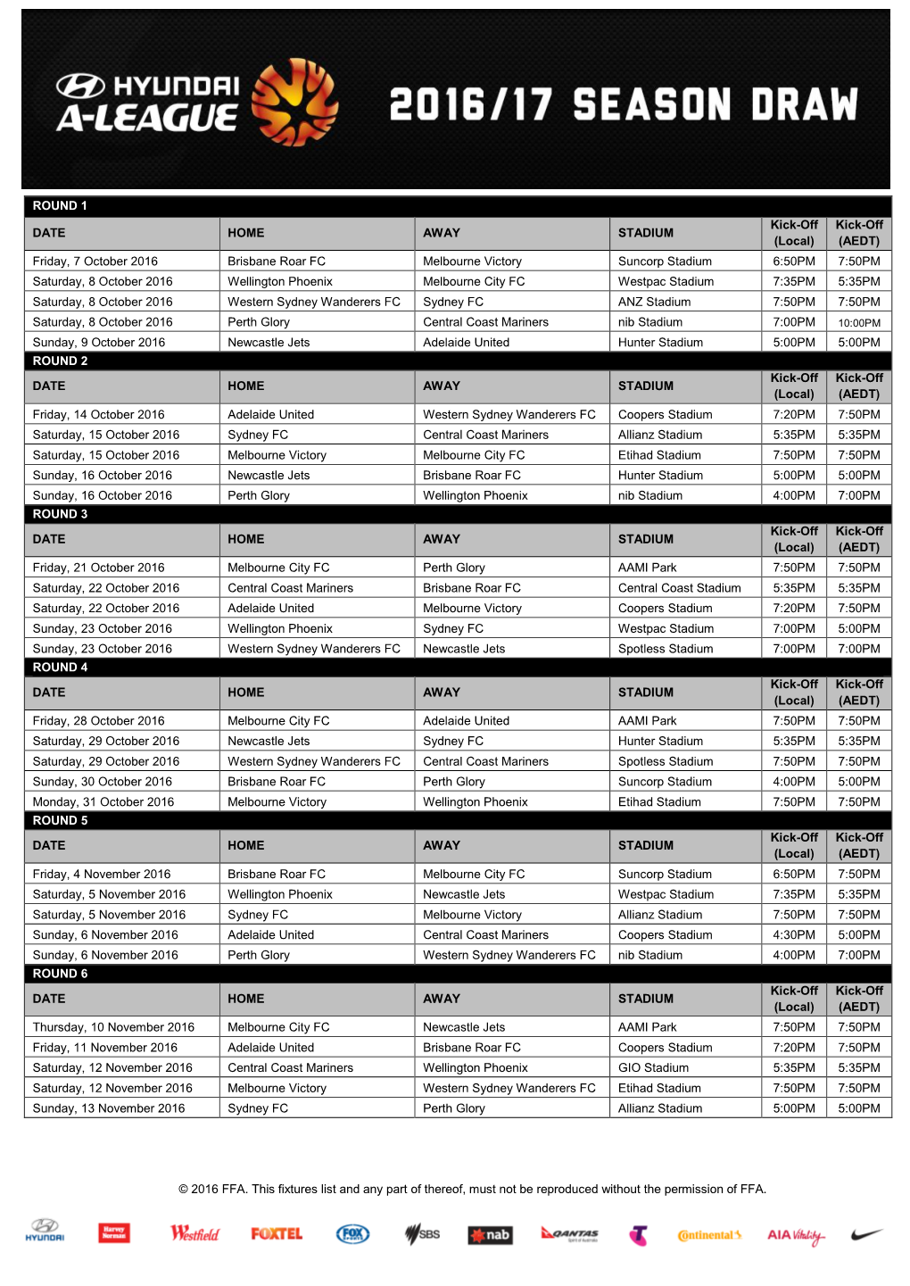 © 2016 FFA. This Fixtures List and Any Part of Thereof, Must Not Be Reproduced Without the Permission of FFA