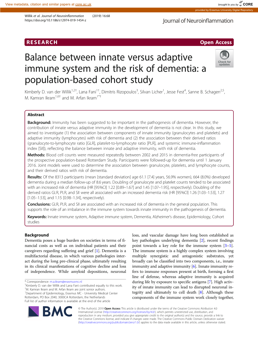 Balance Between Innate Versus Adaptive Immune System and the Risk of Dementia: a Population-Based Cohort Study Kimberly D