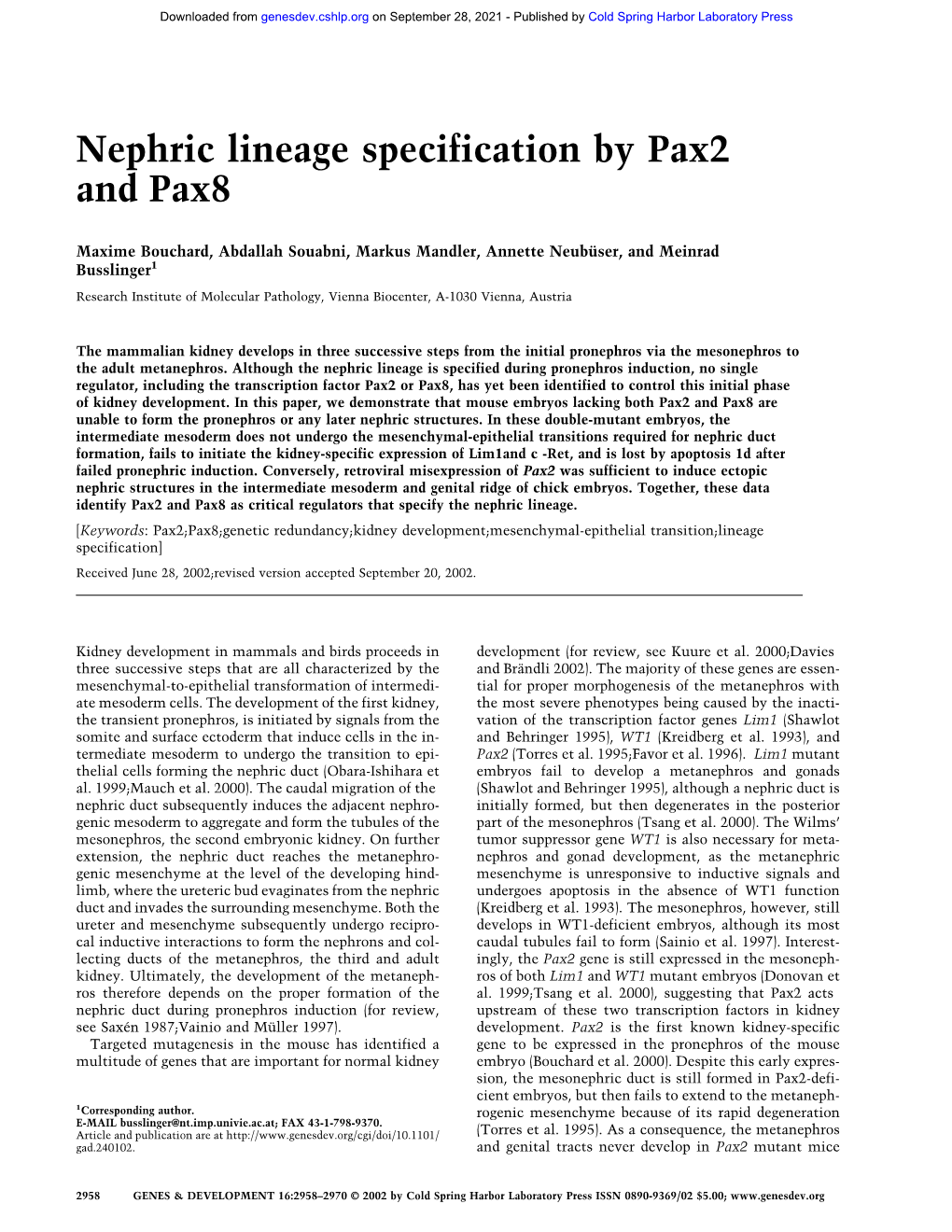 Nephric Lineage Specification by Pax2 and Pax8