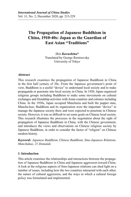The Propagation of Japanese Buddhism in China, 1910-40S: Japan As the Guardian of East Asian “Traditions”