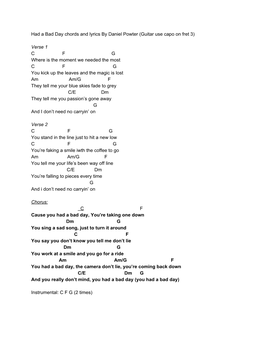 Had a Bad Day Chords and Lyrics by Daniel Powter (Guitar Use Capo on Fret 3)