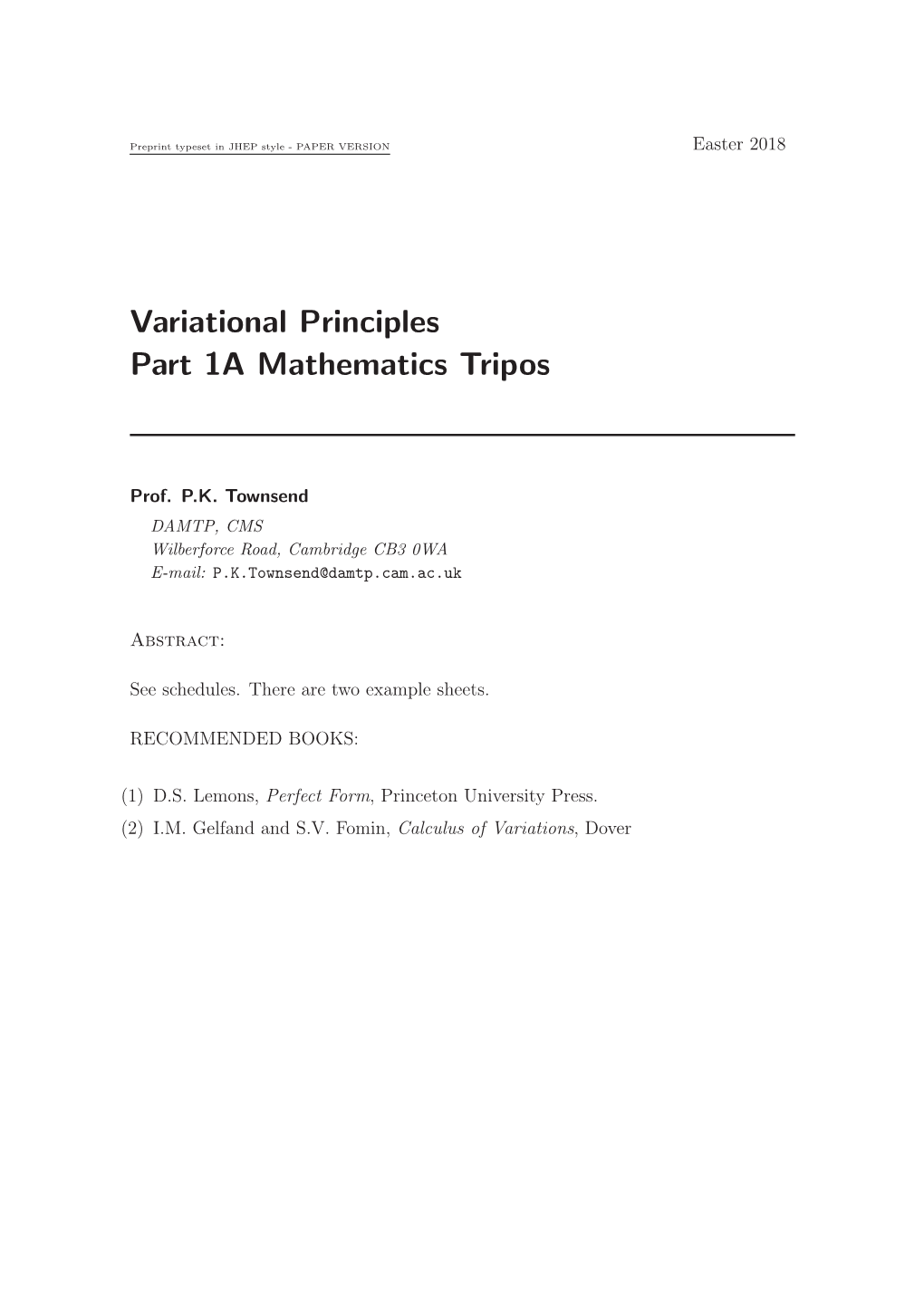 Variational Principles Part 1A Mathematics Tripos