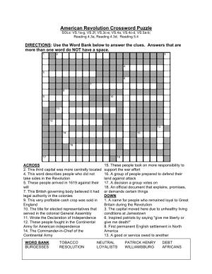 American Revolution Crossword Puzzle Sols: VS.1A-G, VS.2F, VS.3C-E, VS.4A, VS.4C-D, VS.5A-B; Reading 4.3A, Reading 4.3D; Reading 5.4