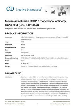 Mouse Anti-Human COX17 Monoclonal Antibody, Clone 5H3 (CABT-B10023) This Product Is for Research Use Only and Is Not Intended for Diagnostic Use