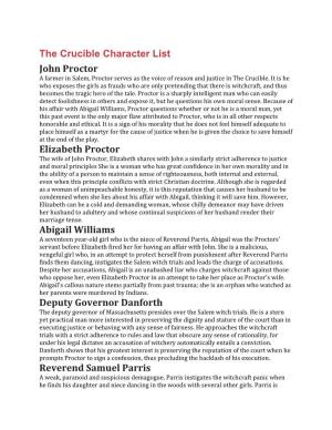 The Crucible Character List John Proctor Elizabeth Proctor Abigail