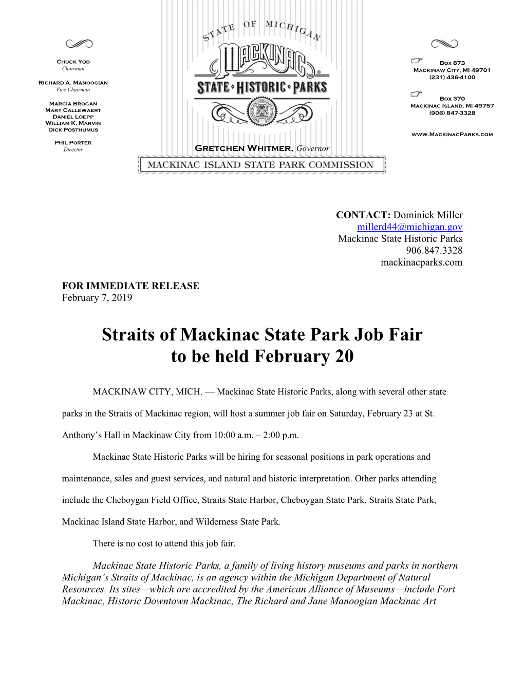 Straits of Mackinac State Park Job Fair February 23