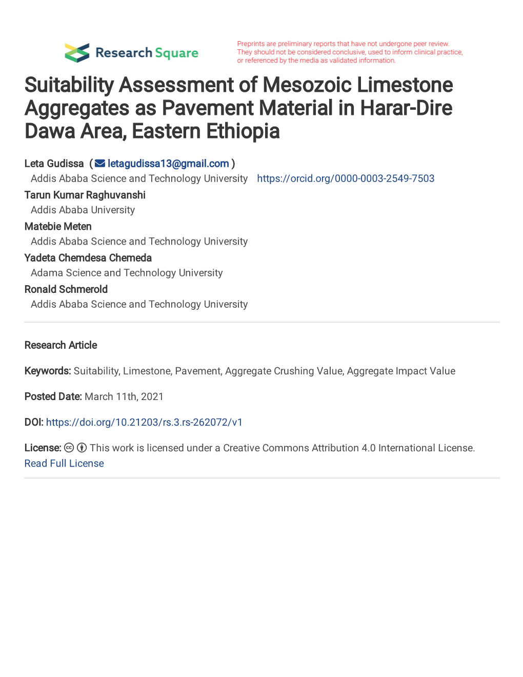 Suitability Assessment of Mesozoic Limestone Aggregates As Pavement Material in Harar-Dire Dawa Area, Eastern Ethiopia