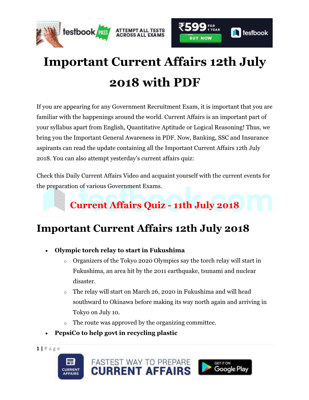 Important Current Affairs 12Th July 2018 with PDF