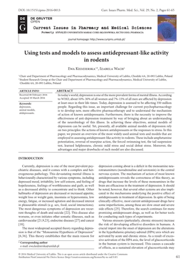 Using Tests and Models to Assess Antidepressant-Like Activity in Rodents Ewa Kedzierska1*, Izabela Wach2