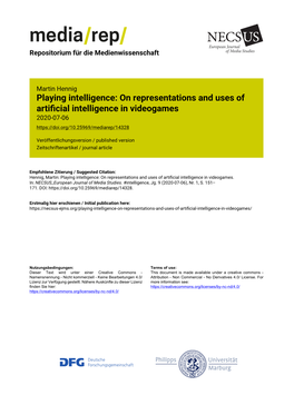 Playing Intelligence: on Representations and Uses of Artiﬁcial Intelligence in Videogames 2020-07-06