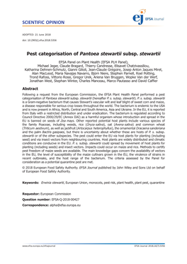 Pest Categorisation of Pantoea Stewartii Subsp. Stewartii