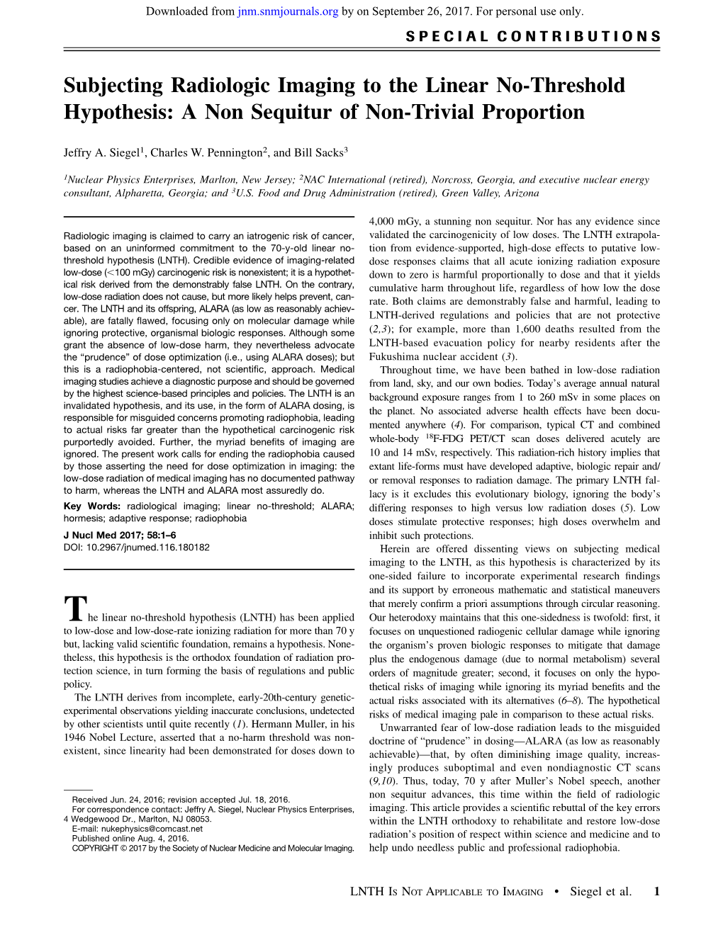 Subjecting Radiologic Imaging to the Linear No-Threshold Hypothesis: a Non Sequitur of Non-Trivial Proportion