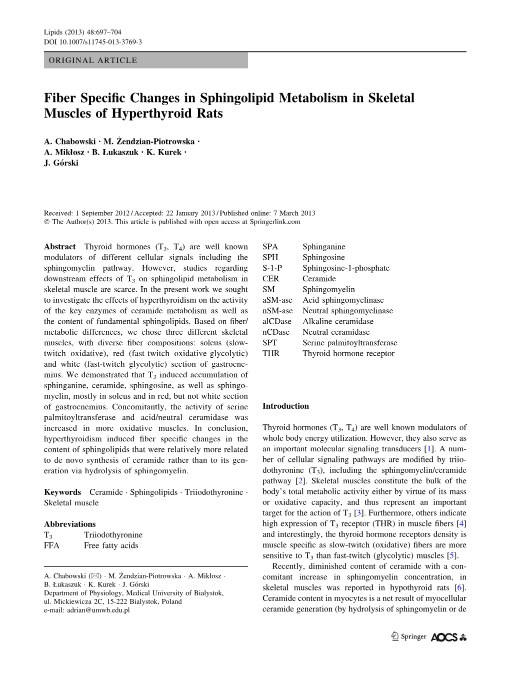 Fiber Specific Changes in Sphingolipid Metabolism in Skeletal