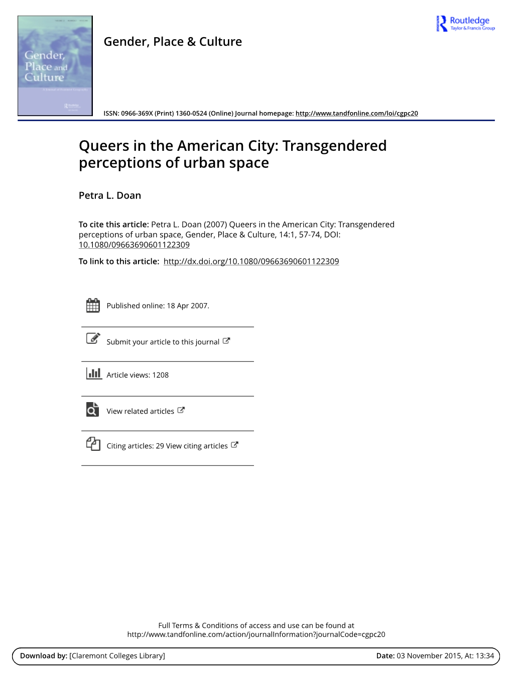 Queers in the American City: Transgendered Perceptions of Urban Space