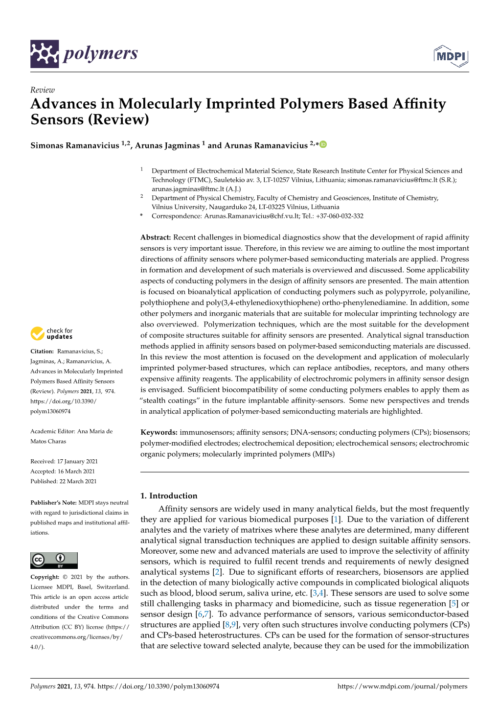 Advances in Molecularly Imprinted Polymers Based Affinity Sensors (Review)