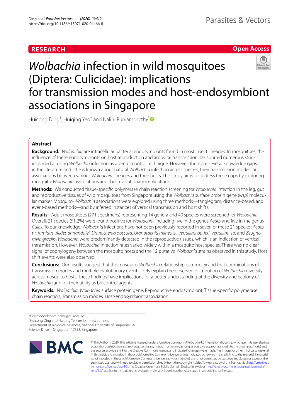 Wolbachia Infection in Wild Mosquitoes (Diptera: Culicidae