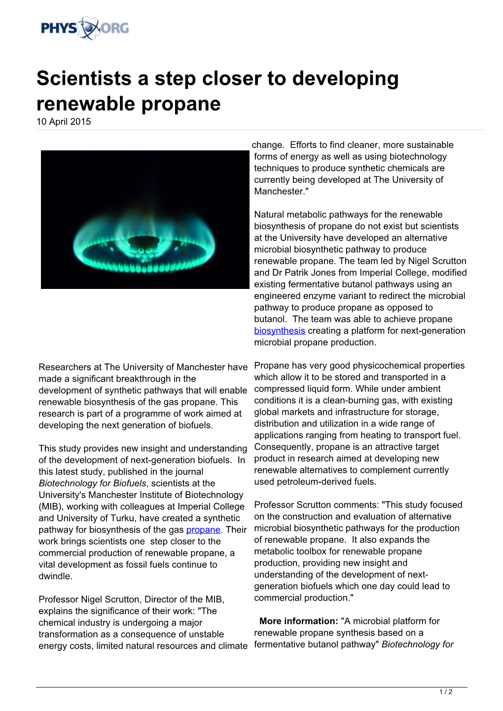 Scientists a Step Closer to Developing Renewable Propane 10 April 2015