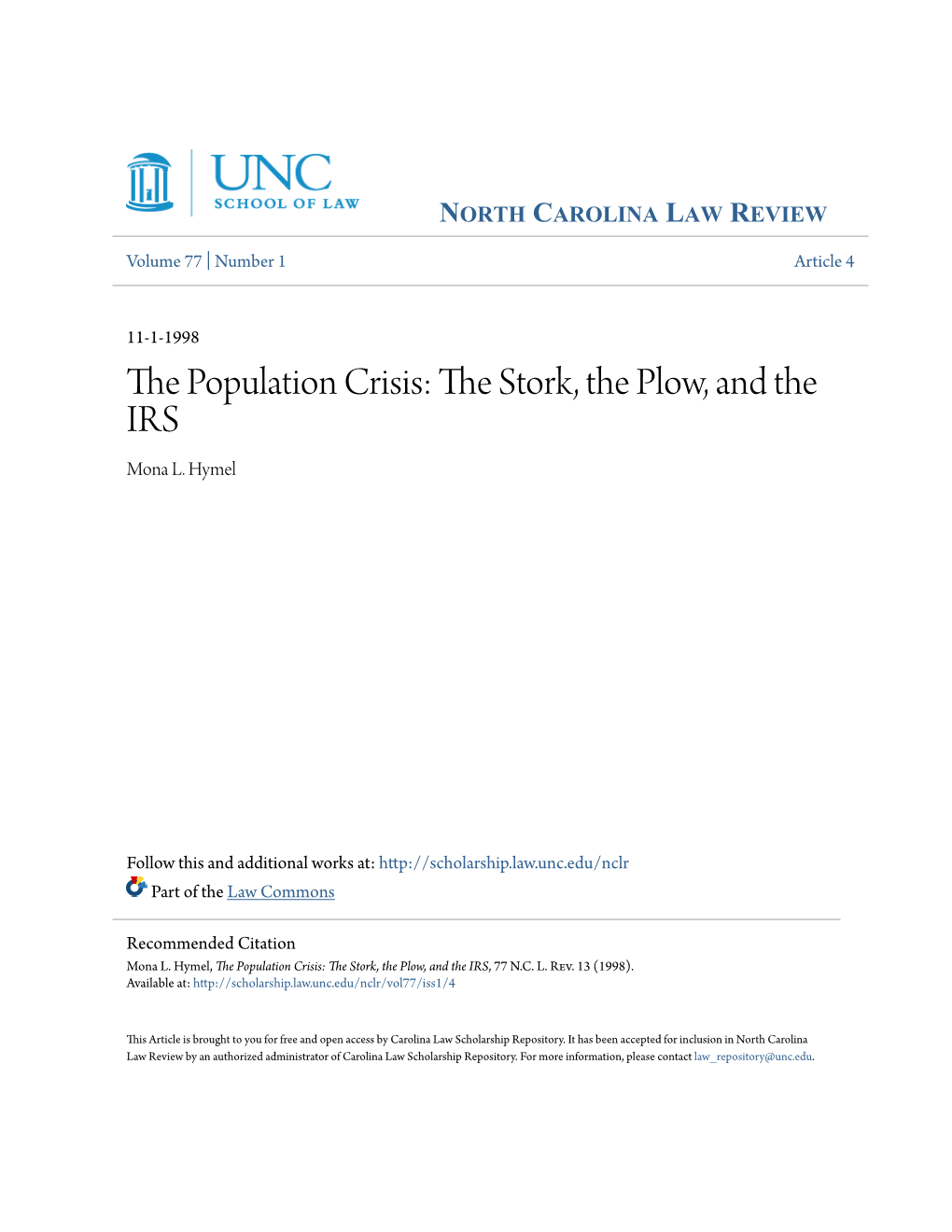 The Population Crisis: the Stork, the Plow, and the IRS, 77 N.C