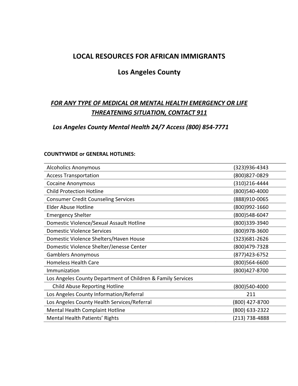 LOCAL RESOURCES for AFRICAN IMMIGRANTS Los Angeles County