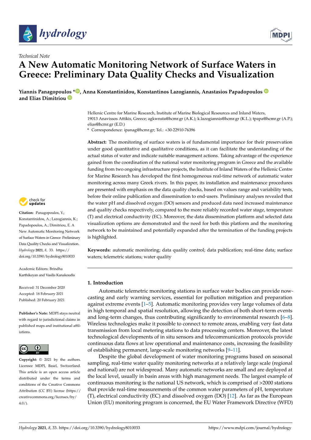 A New Automatic Monitoring Network of Surface Waters in Greece: Preliminary Data Quality Checks and Visualization
