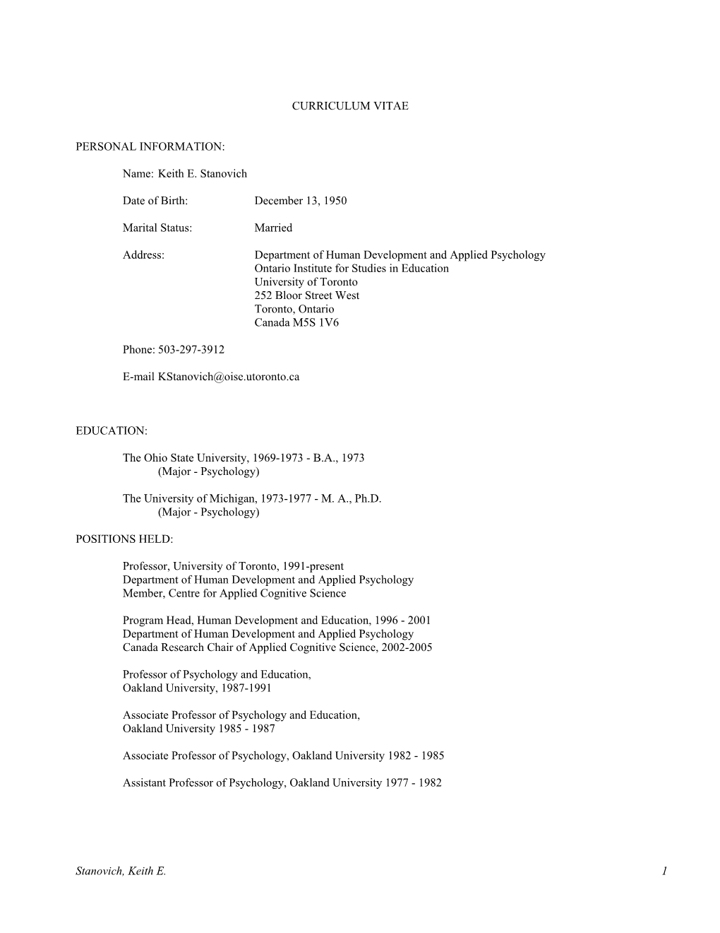 Keith Stanovich Curriculum Vitae