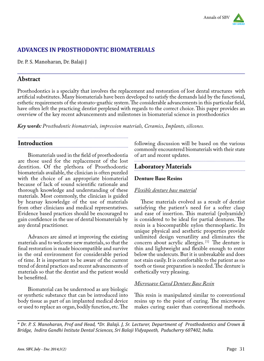 Introduction Laboratory Materials ADVANCES in PROSTHODONTIC