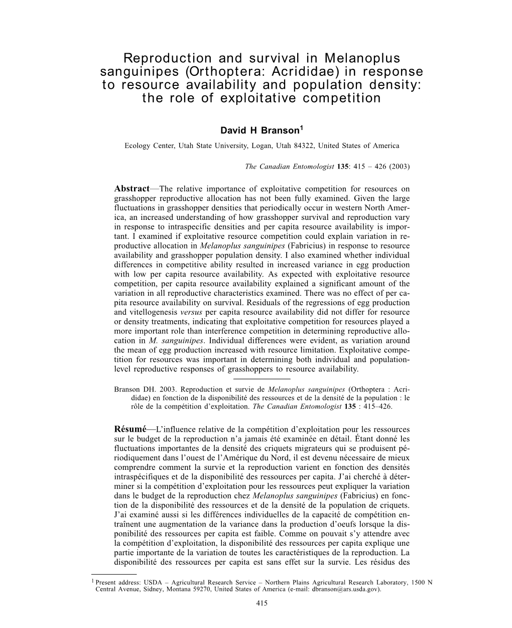 Orthoptera: Acrididae) in Response to Resource Availability and Population Density: the Role of Exploitative Competition 426